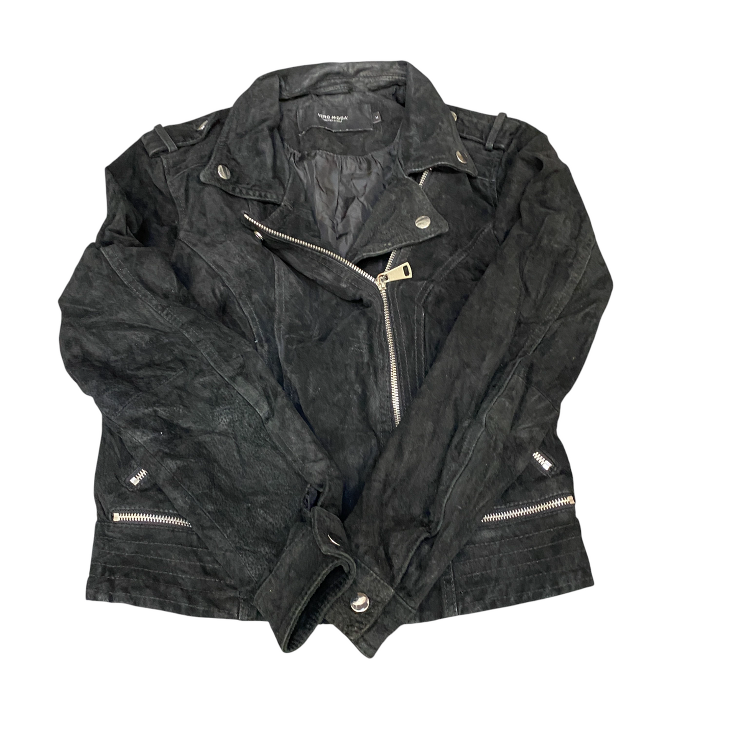 Vero Moda Suede Leather Motorcycle Jacket Womens Medium Black Asymmetrical Zip