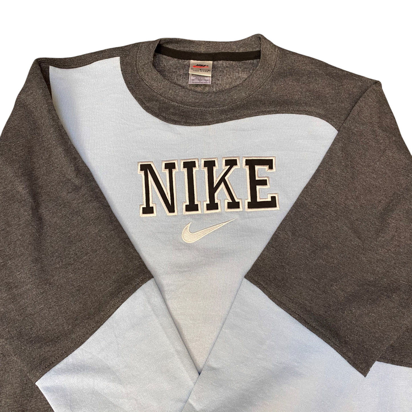 Nike Reworked Sweatshirt Mens L Blue Grey Embroidered Spellout Logo Vintage Y2K