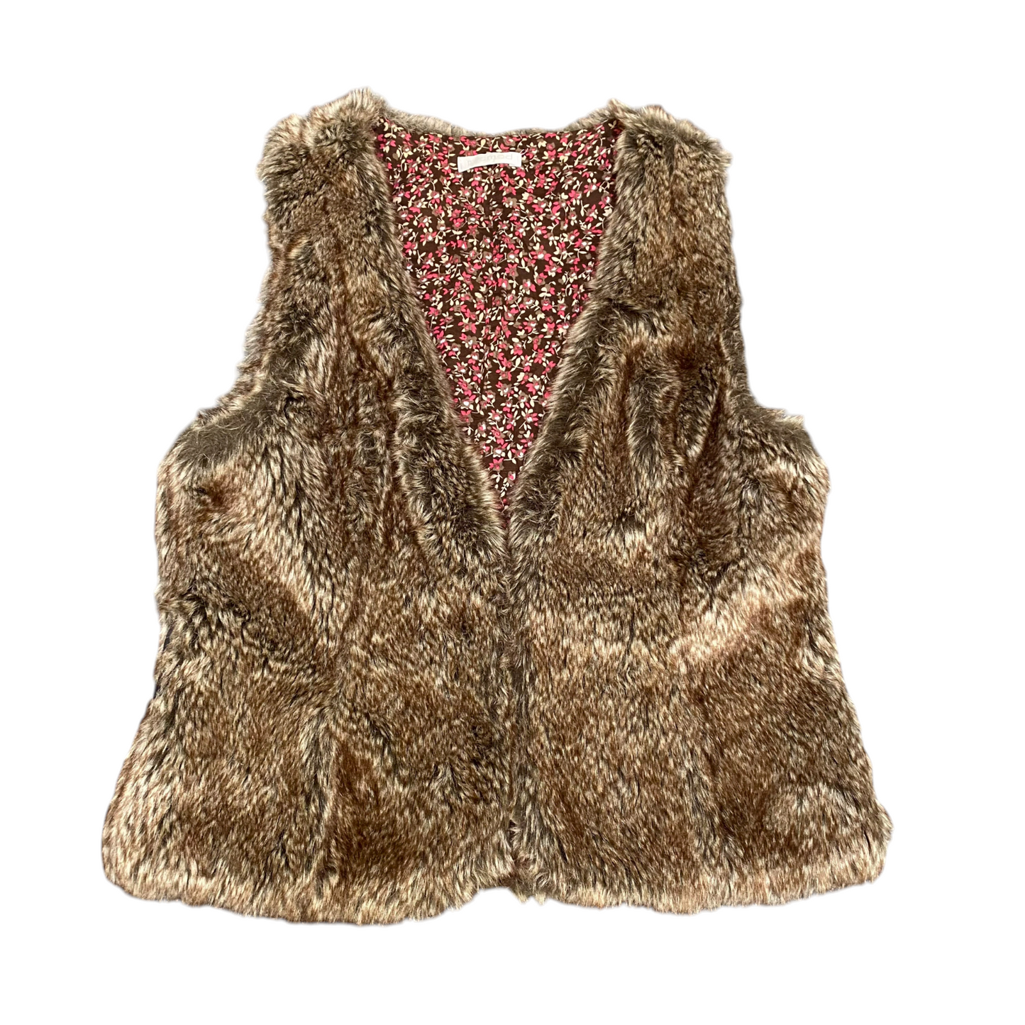 Promod Faux Fur Vest Womens Small Brown Floral Lined Boho Chic Sleeveless V Neck