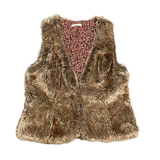 Promod Faux Fur Vest Womens Small Brown Floral Lined Boho Chic Sleeveless V Neck