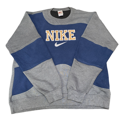 Nike Reworked Sweatshirt Mens L Navy Grey Embroidered Spellout Logo Vintage Y2K