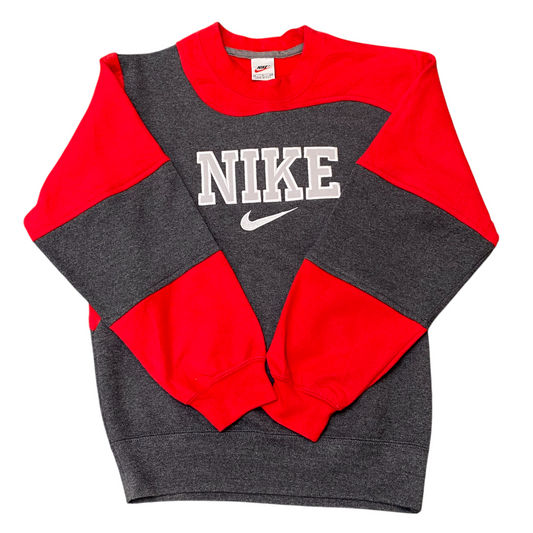Nike Reworked Sweatshirt Mens Small Red Grey Spellout Logo Crewneck Vintage Y2K