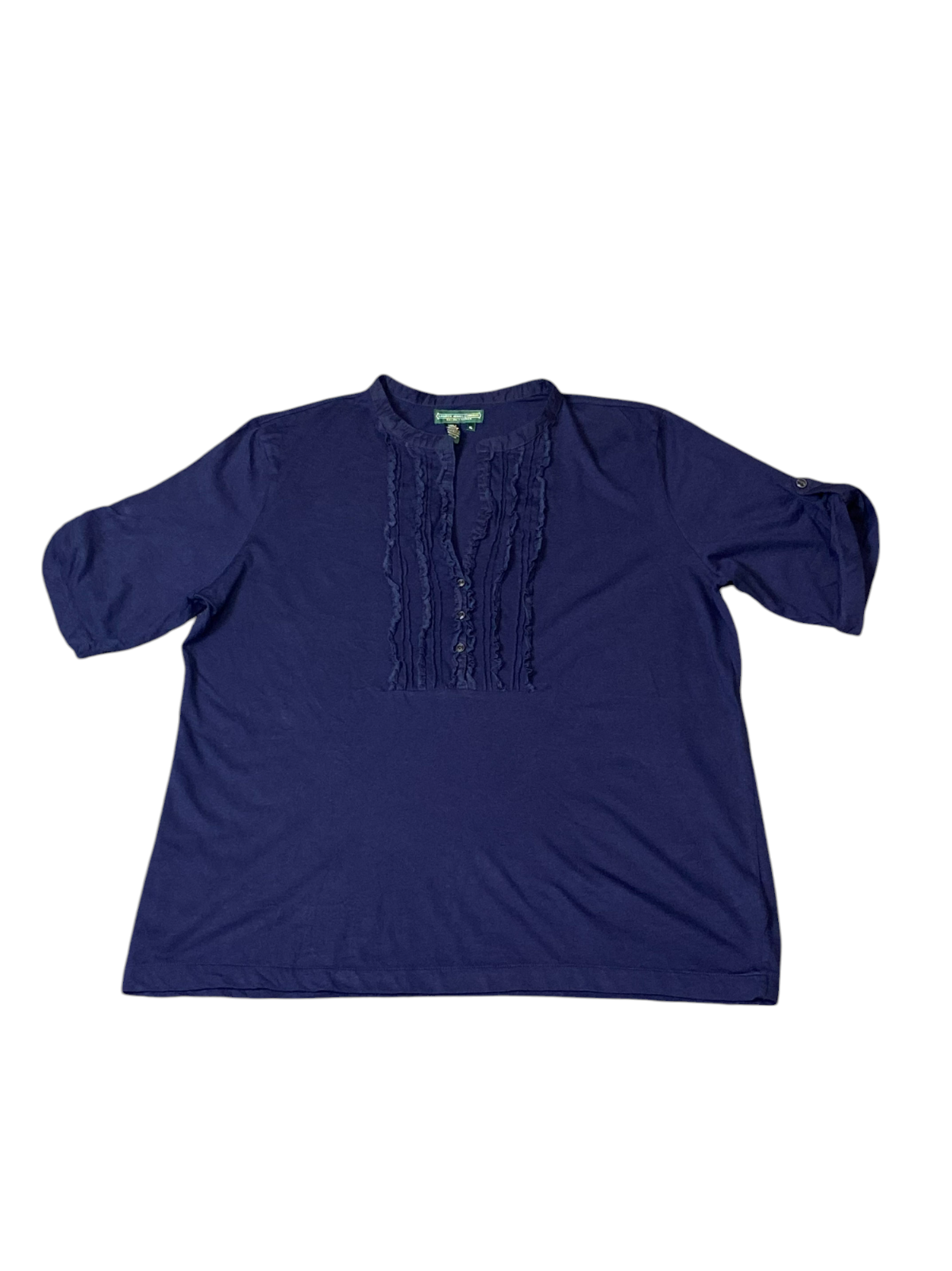 Ralph Lauren Blouse Womens XL Blue Cotton Pleated Roll Tab Sleeve Slit V Neck