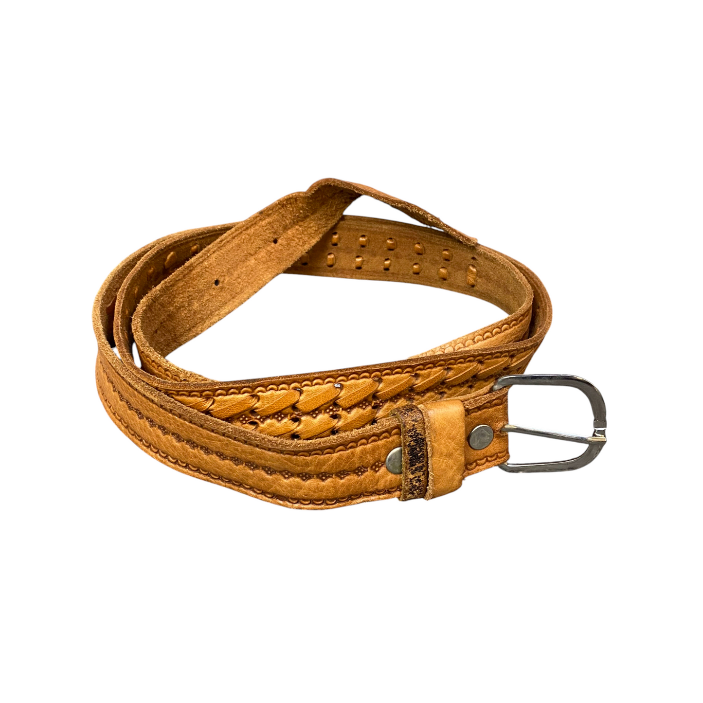 Womens Western Belt Brown Embossed Leather Cowgirl Adjustable Buckle Size 50+ in