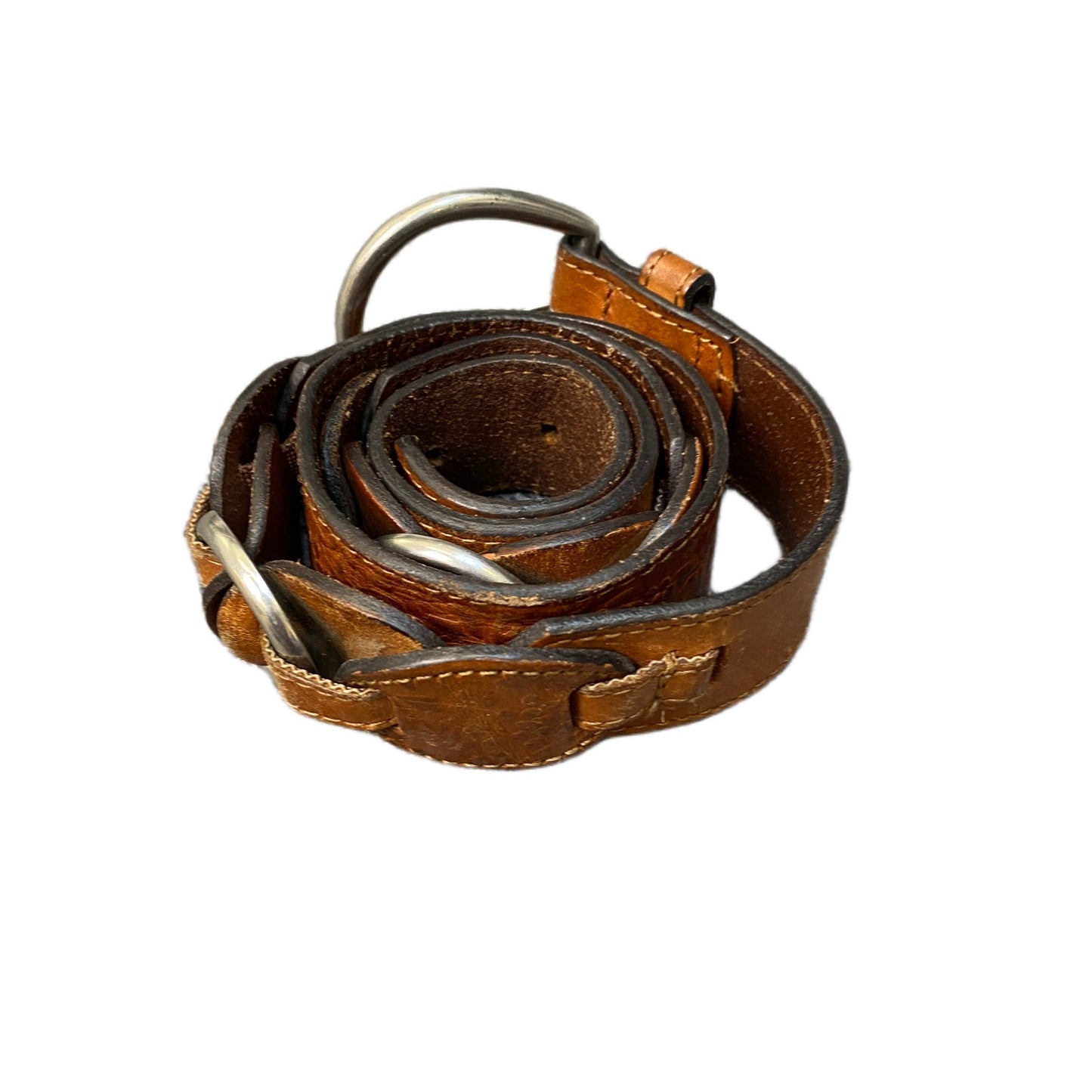 Waist Belt Women Brown Embossed Leather Tooling Floral Silver Buckle 38 inches