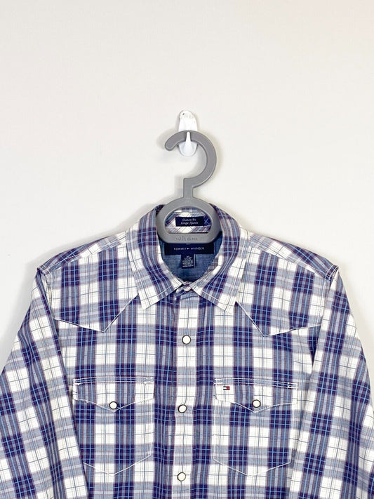 Tommy Hilfiger Shirt Mens XS Blue Plaid Custom Fit Detailed Pockets Button-Down