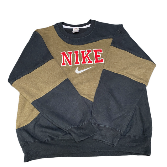 Nike Reworked Sweatshirt Men L Black Brown Embroidered Spellout Logo Vintage Y2K