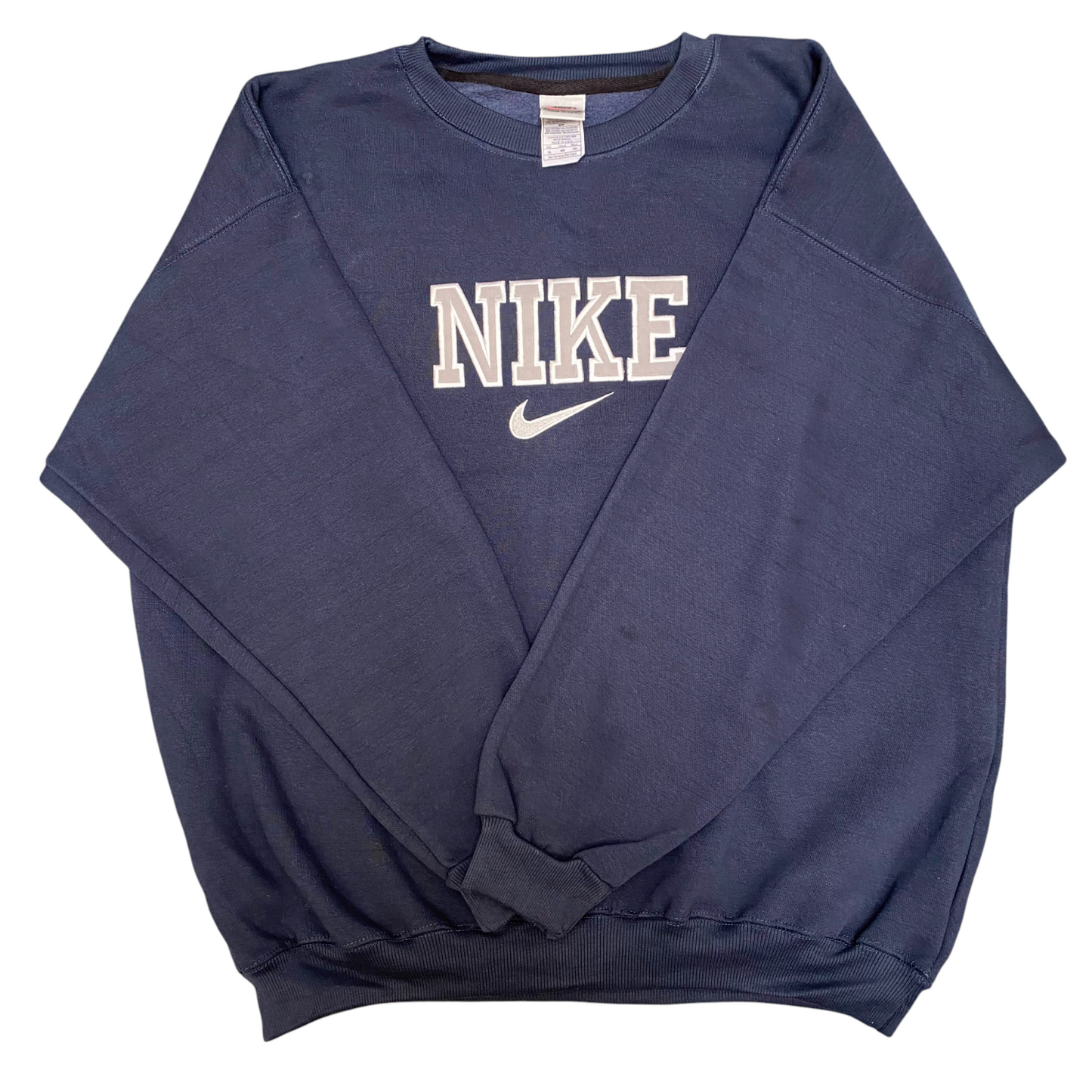 Nike Reworked Sweatshirt Men XL Blue Embroidered Spellout Logo Crew Neck Outdoor