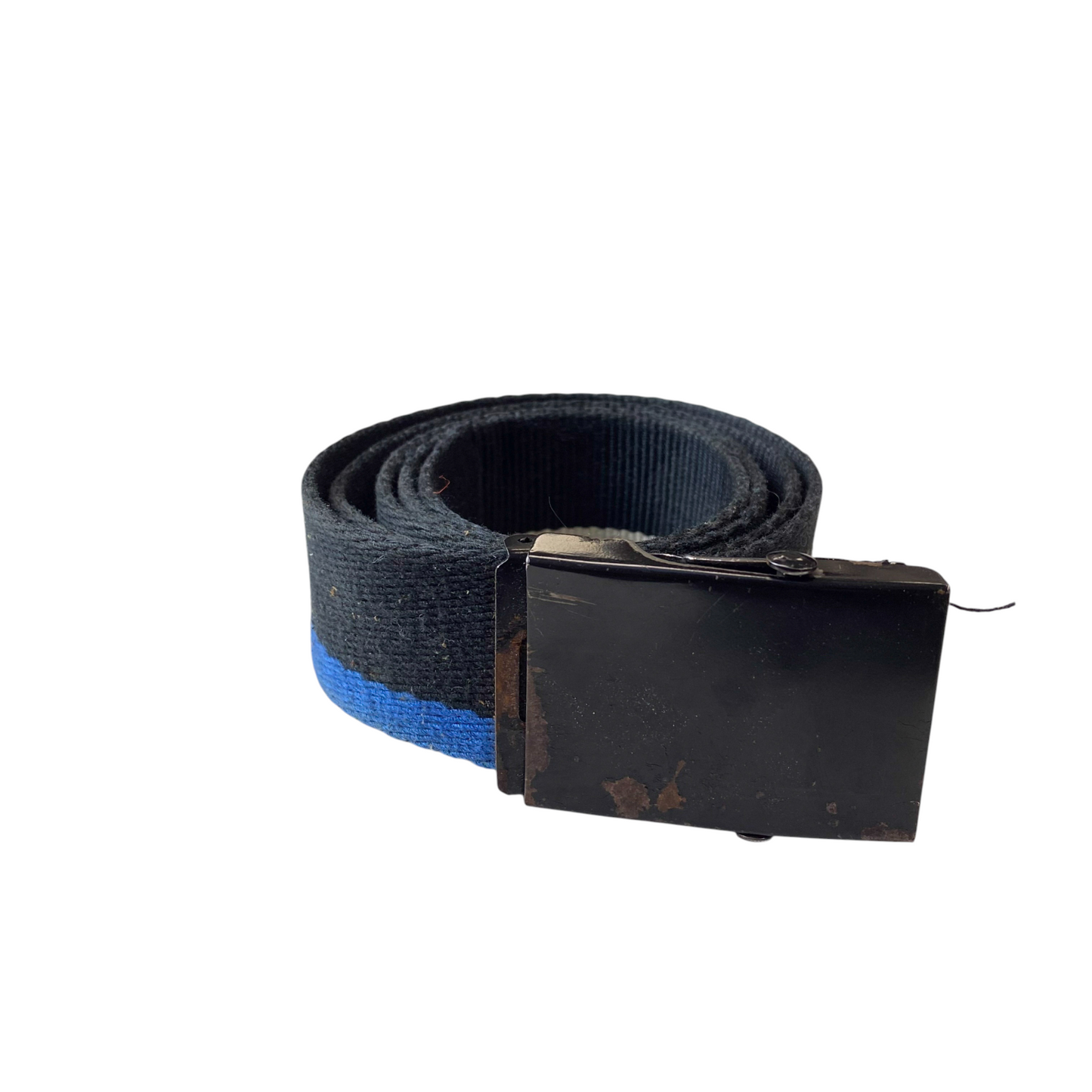 Mens Webbing Military Belt Black Blue Striped Canvas Flip Top Buckle Size 37 in