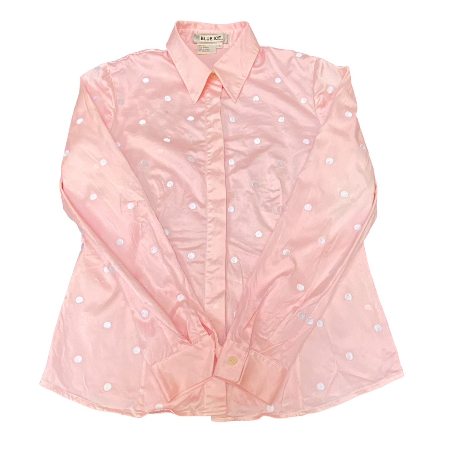 Blue Ice Shirt Top Womens M Pink Polka Dot Satin Silk Long Sleeve Button Down