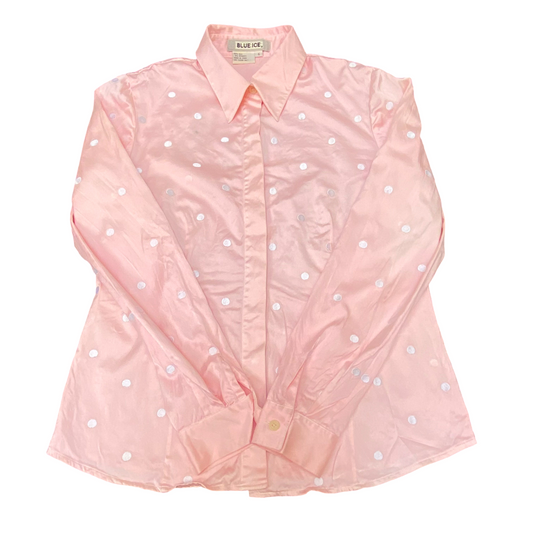 Blue Ice Shirt Top Womens M Pink Polka Dot Satin Silk Long Sleeve Button Down
