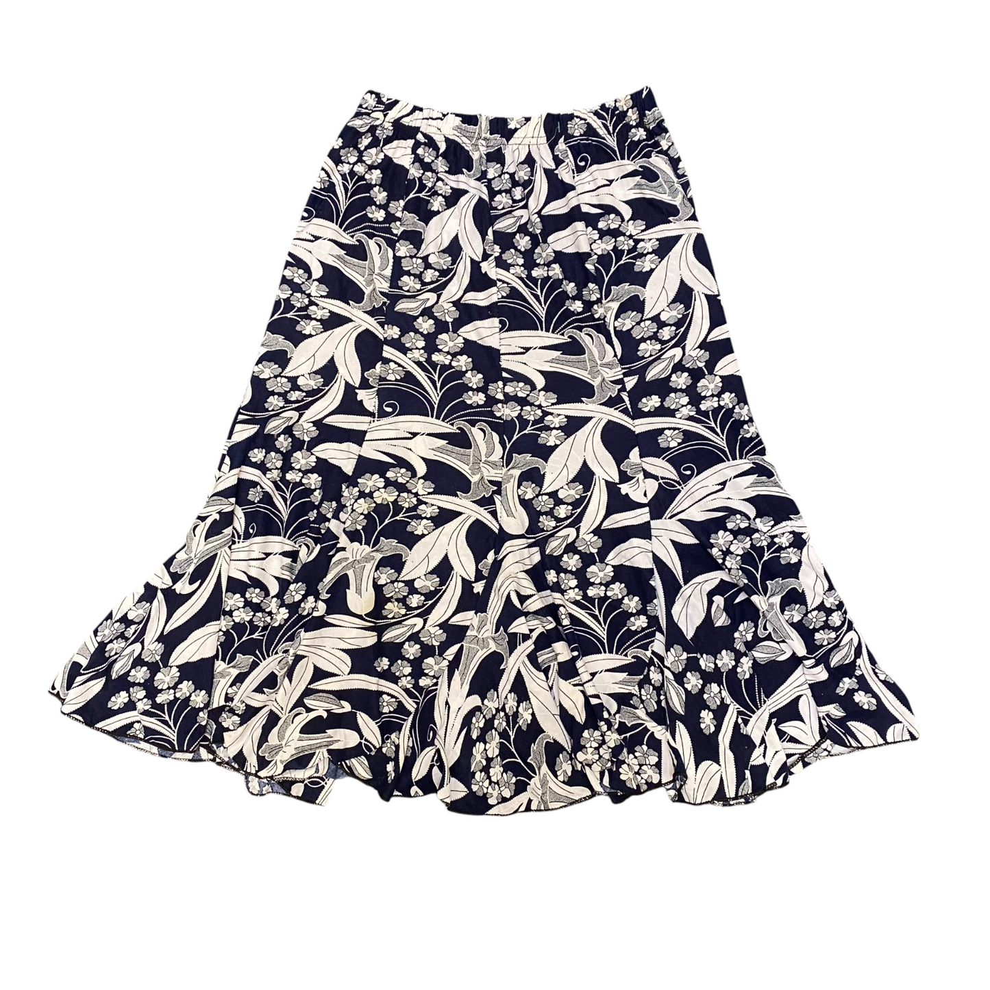 Flare Skirt Womens M Blue White Floral Elastic Waist Casual Stretch Pull-On