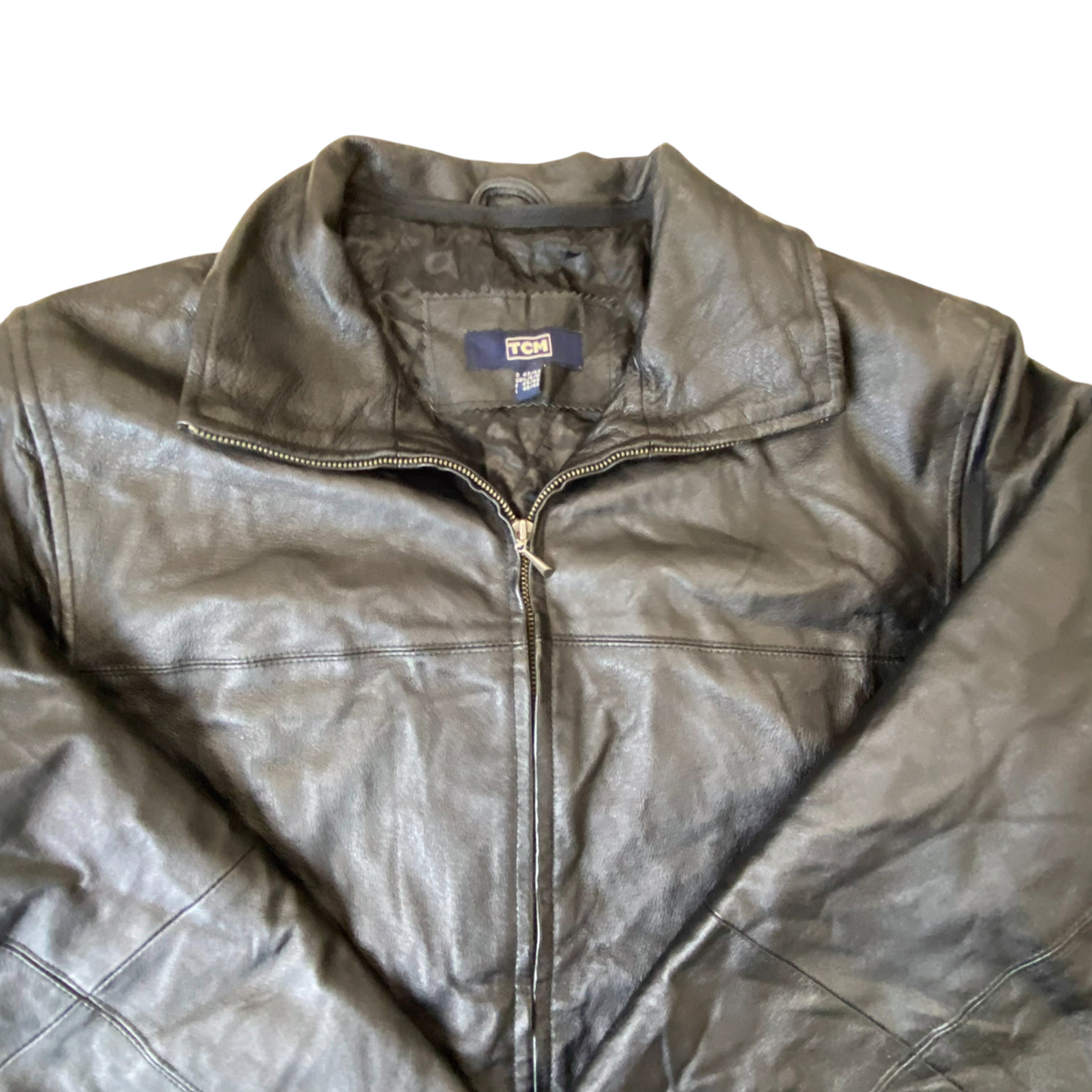 TCM Leather Jacket Mens Small Black Quilted Lined Long Sleeve Collared Full Zip