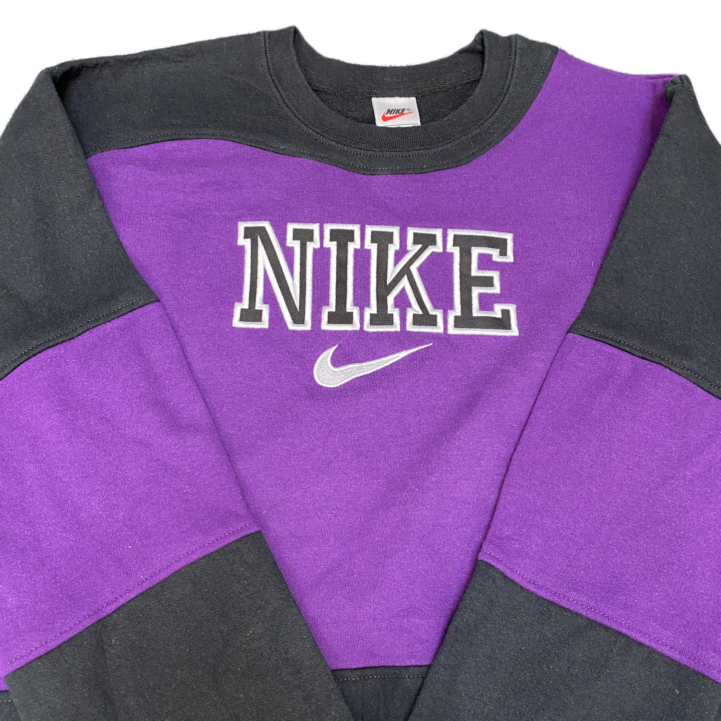 Nike Reworked Sweatshirt Mens M Black Purple Embroidered Spellout Logo Vtg Y2K