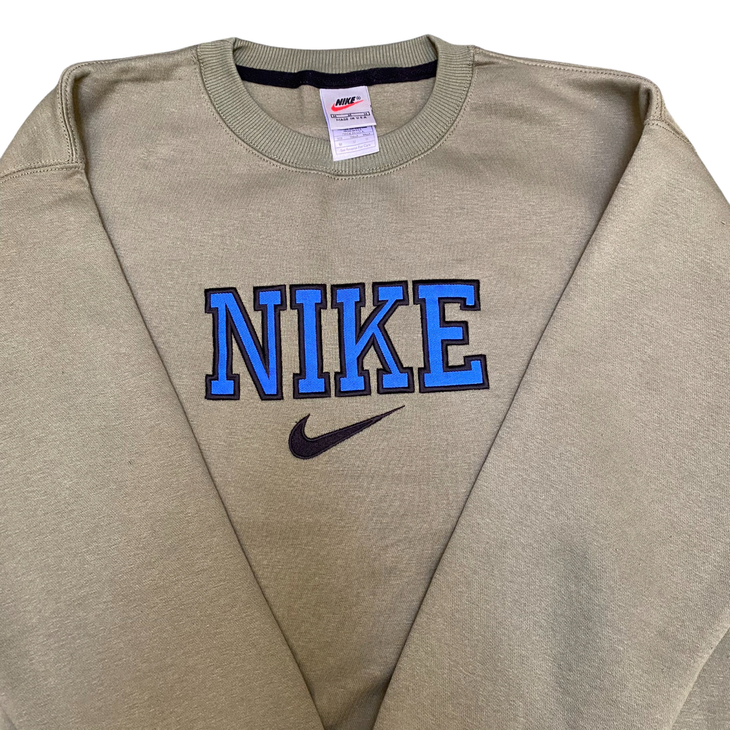 Nike Reworked Sweatshirt Men's M Green Embroidered Spellout Logo Crew Neck
