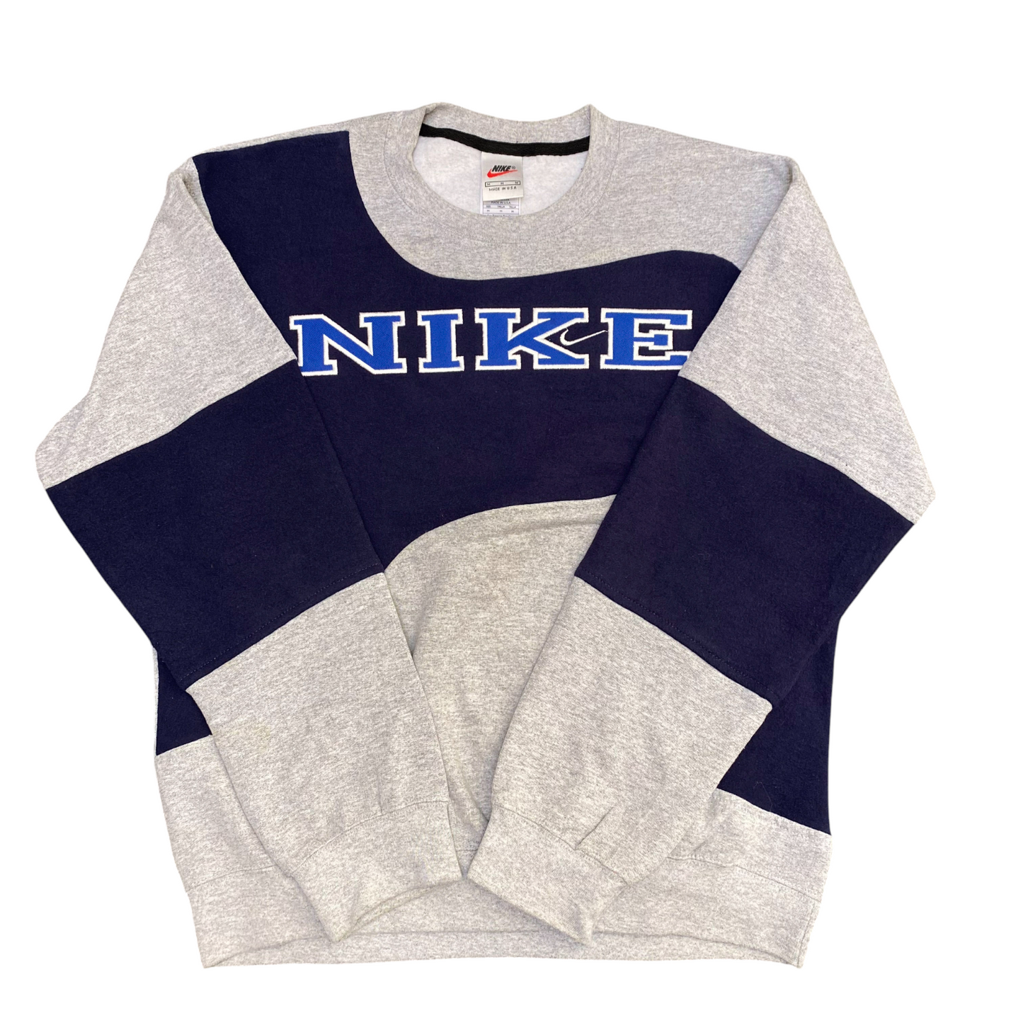 Nike Reworked Sweatshirt Mens M Grey Blue Embroidered Spellout Logo Crew Neck