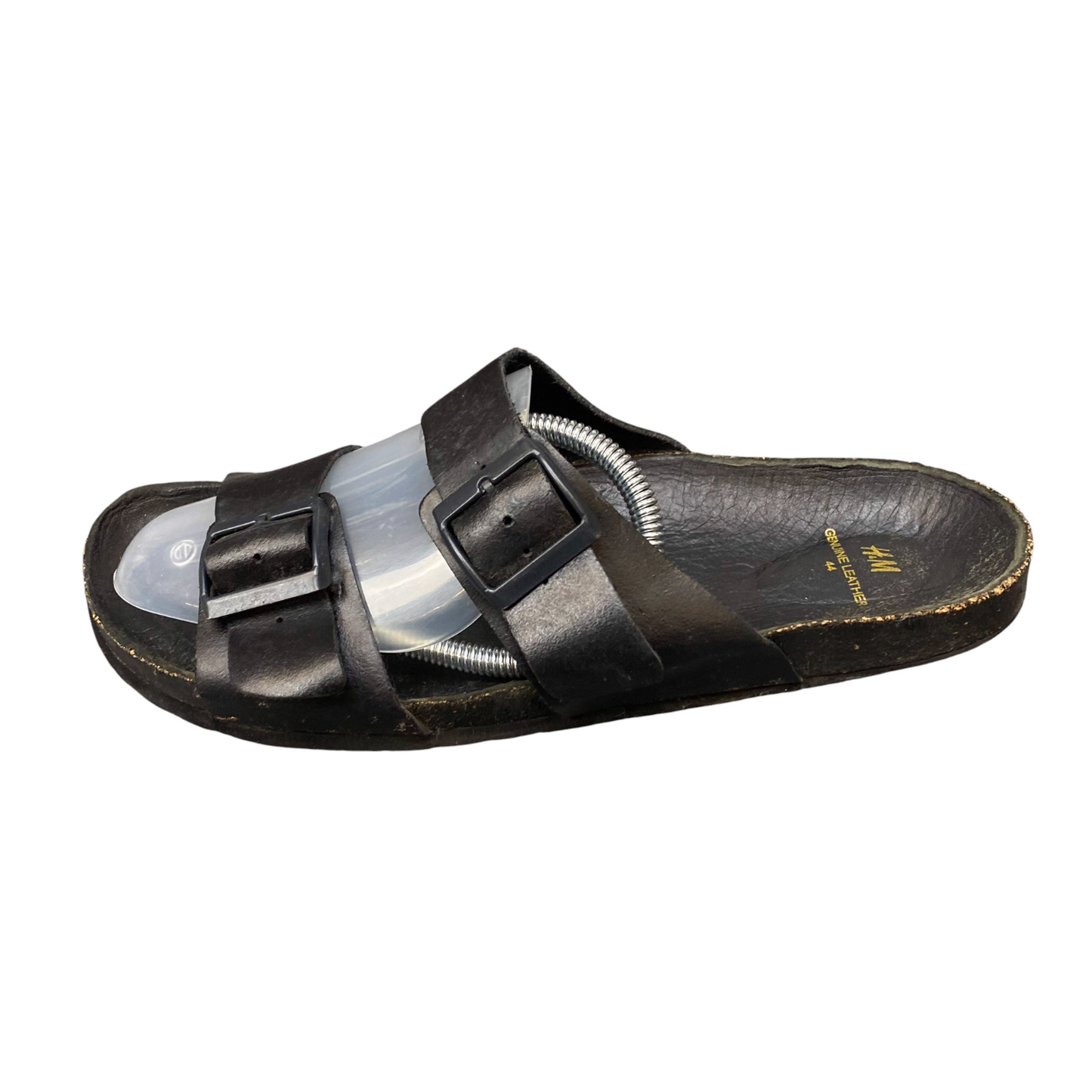 H&M Slide Sandals Mens UK 9.5 Black Genuine Leather Dual Buckle Strap Slip On