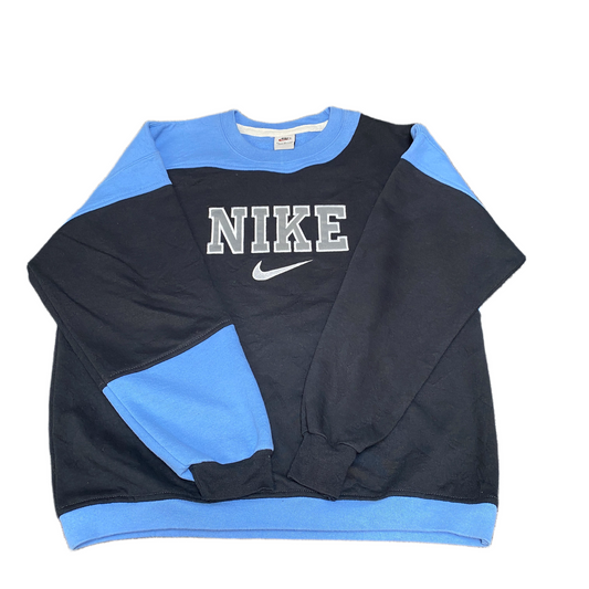 Nike Reworked Sweatshirt Mens L Black Blue Embroidered Spellout Logo Vintage Y2K