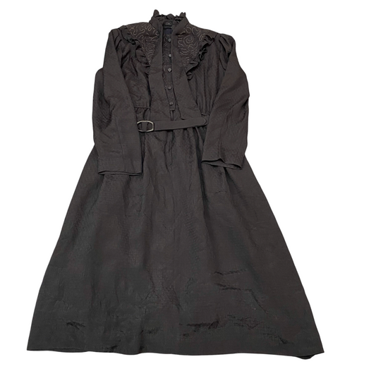 A-Line Maxi Dress Womens Black Belted Long Sleeve Ruffle Trim Button Front