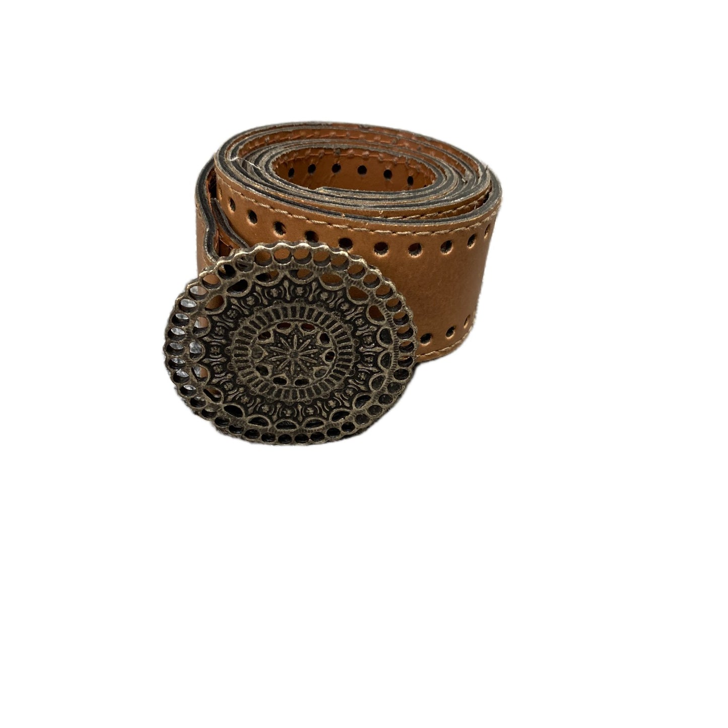 Waist Belt Womens Brown Leather Round Bronze Boho Filigree Buckle 43 Inches