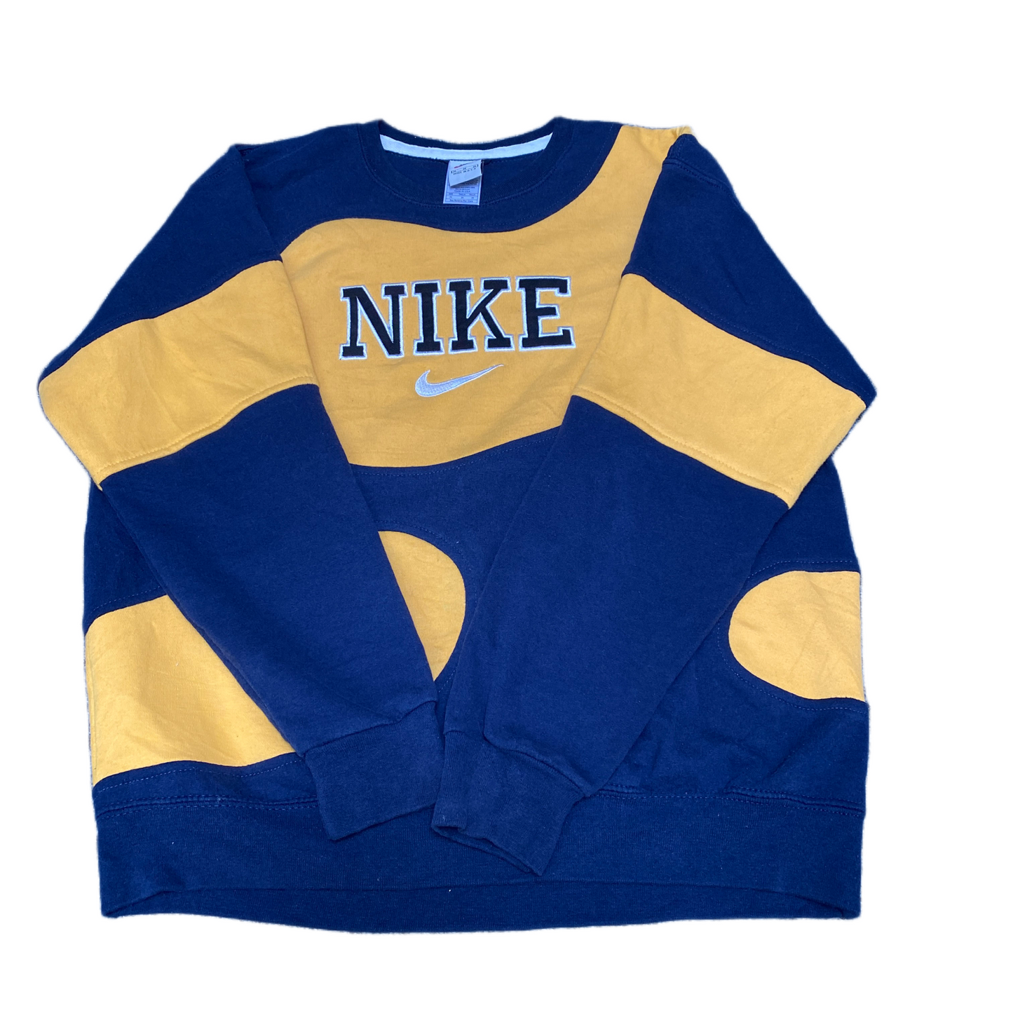 Nike Reworked Sweatshirt Men M Blue Yellow Embroidered Spellout Logo Vintage Y2K