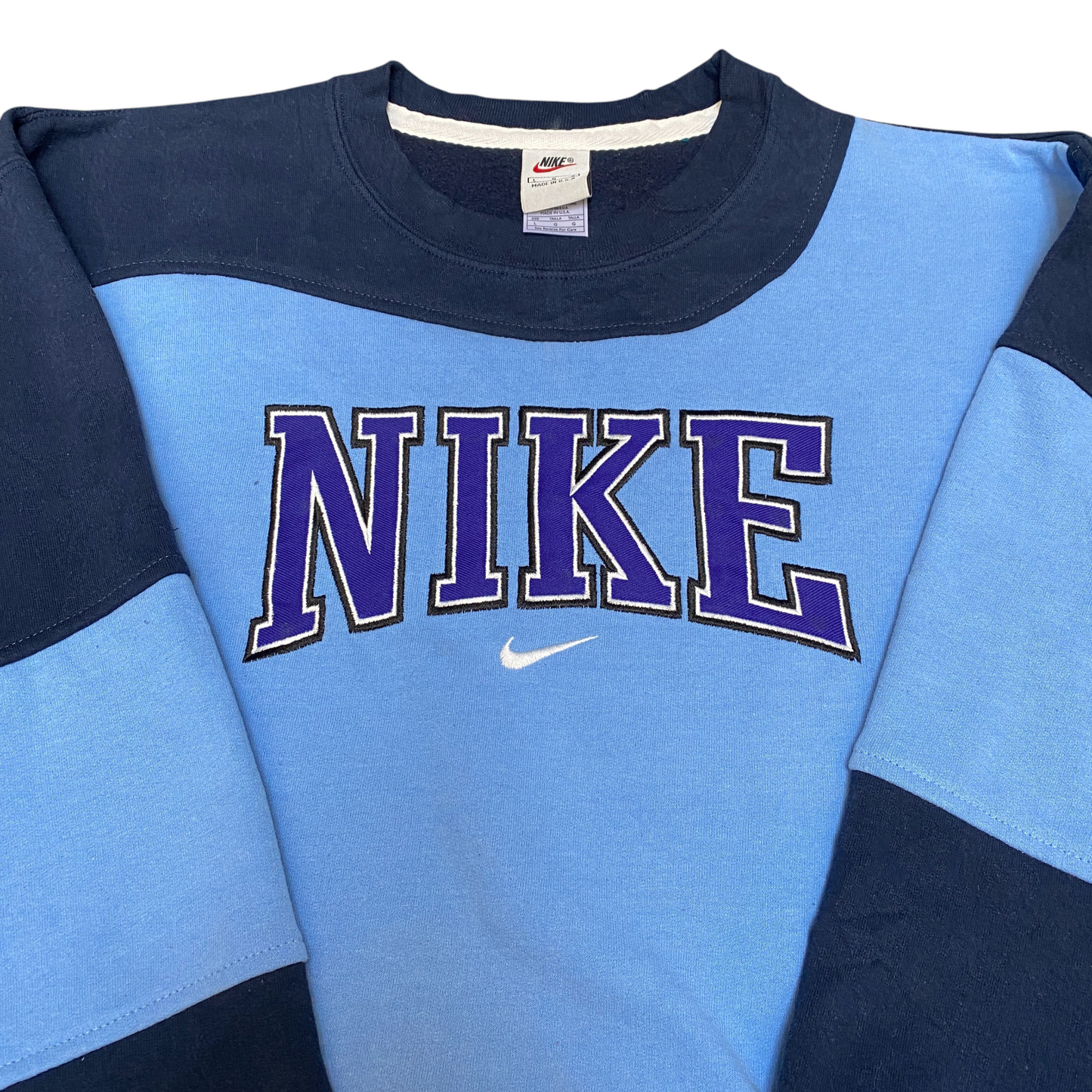 Nike Reworked Sweatshirt Mens Large Navy Blue Embroidered Spellout Logo Vtg Y2K