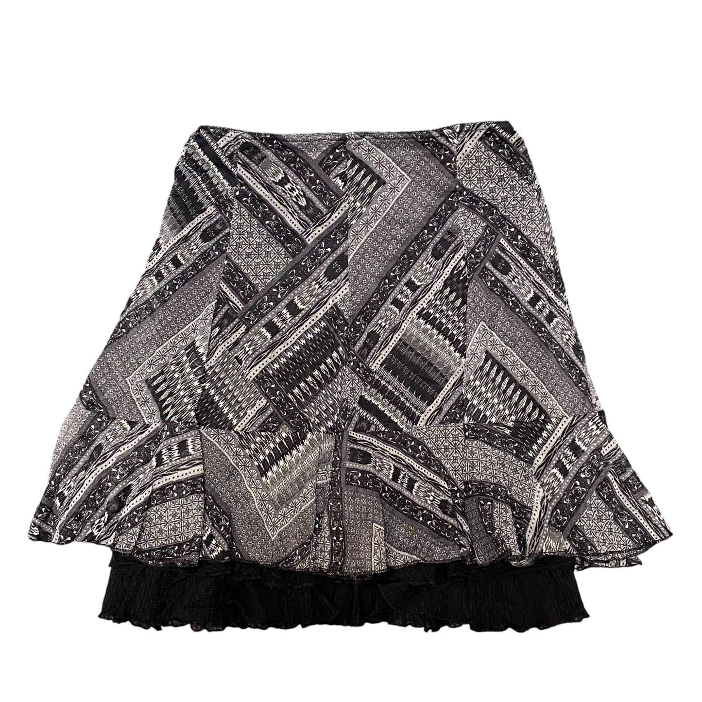 Armand Thiery Mini Skirt Women's M Black Grey Geo Print Peplum Hem High Waist
