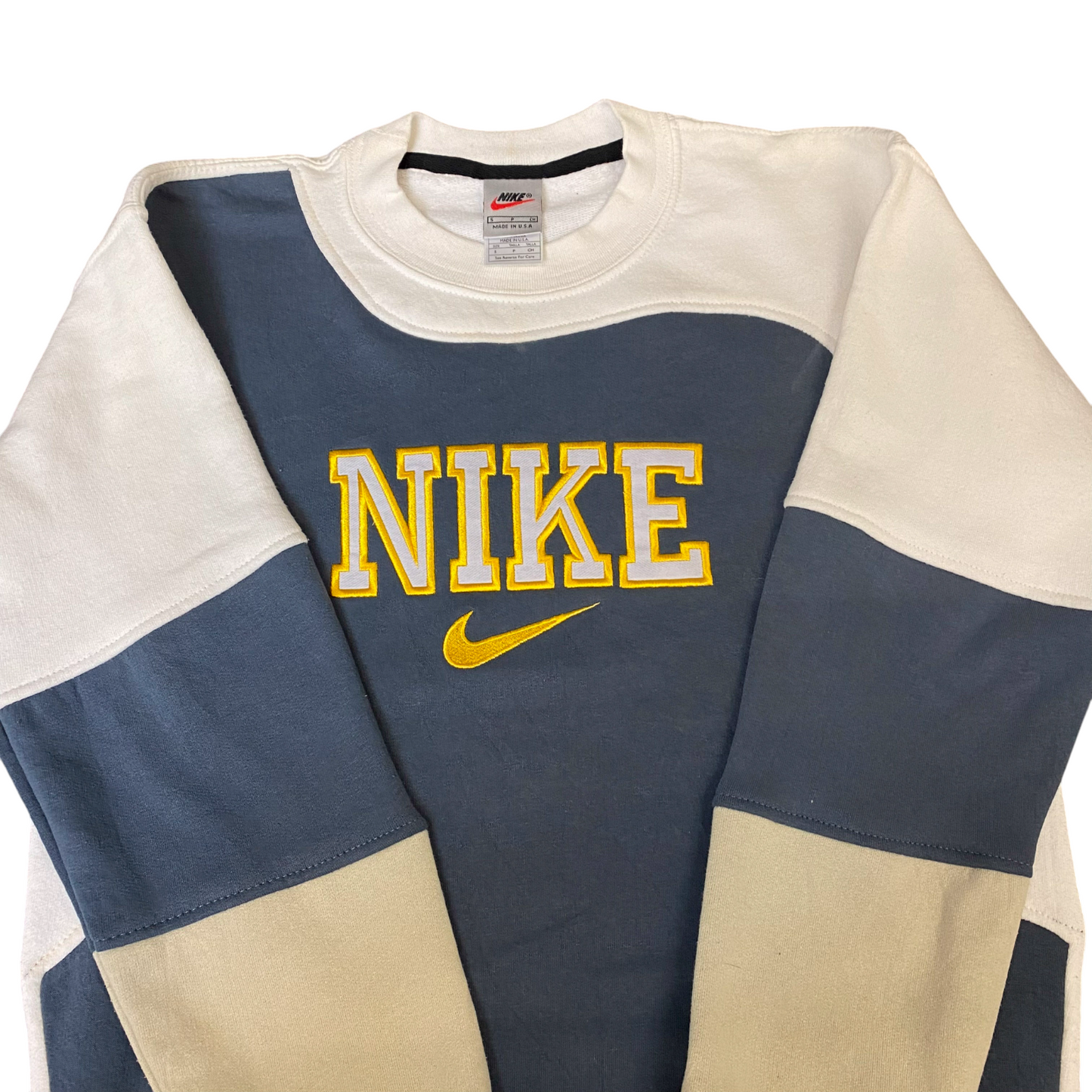 Nike Reworked Sweatshirt Mens Small Grey Cream Embroidered Spellout Logo Vtg Y2K