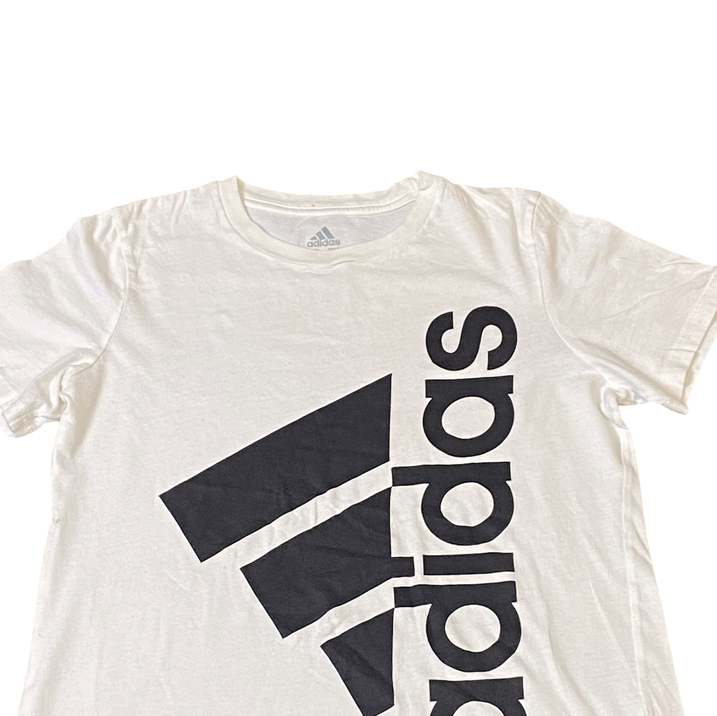 adidas T Shirt Boys Medium White 3 Stripes Logo Short Sleeve Wrinkled Pullover