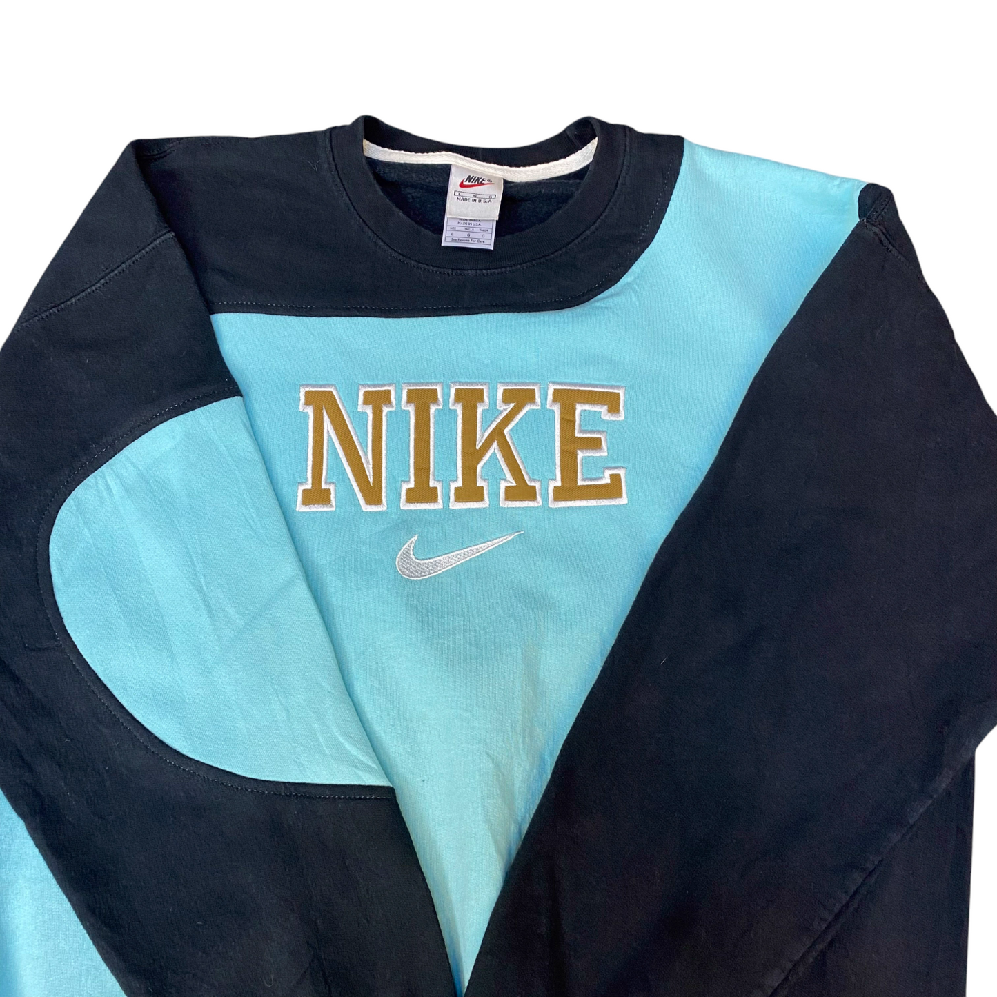 Nike Reworked Sweatshirt Mens L Black Blue Embroidered Spellout Logo Vintage Y2K