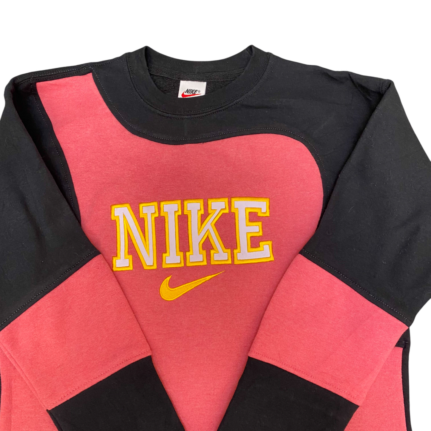 Nike Reworked Sweatshirt Mens S Black Pink Embroidered Spell Out Logo Crew Neck
