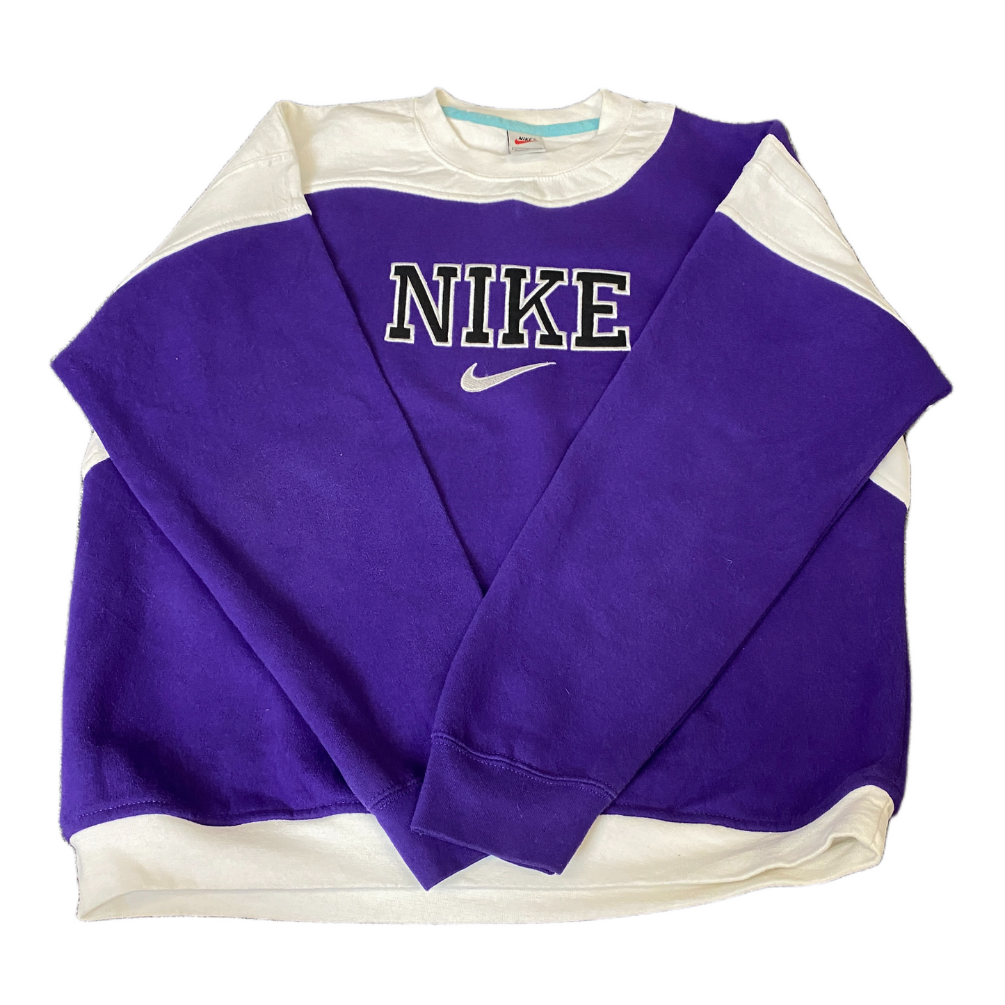 Nike Reworked Sweatshirt Mens L Purple White Embroidered Spellout Logo Vtg Y2K