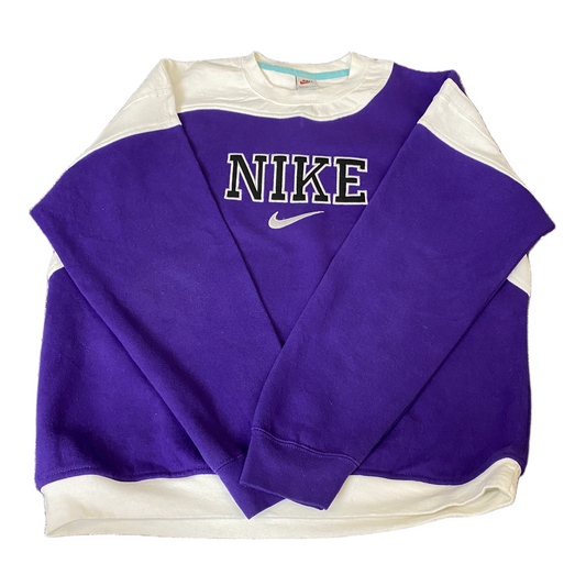Nike Reworked Sweatshirt Mens L Purple White Embroidered Spellout Logo Vtg Y2K
