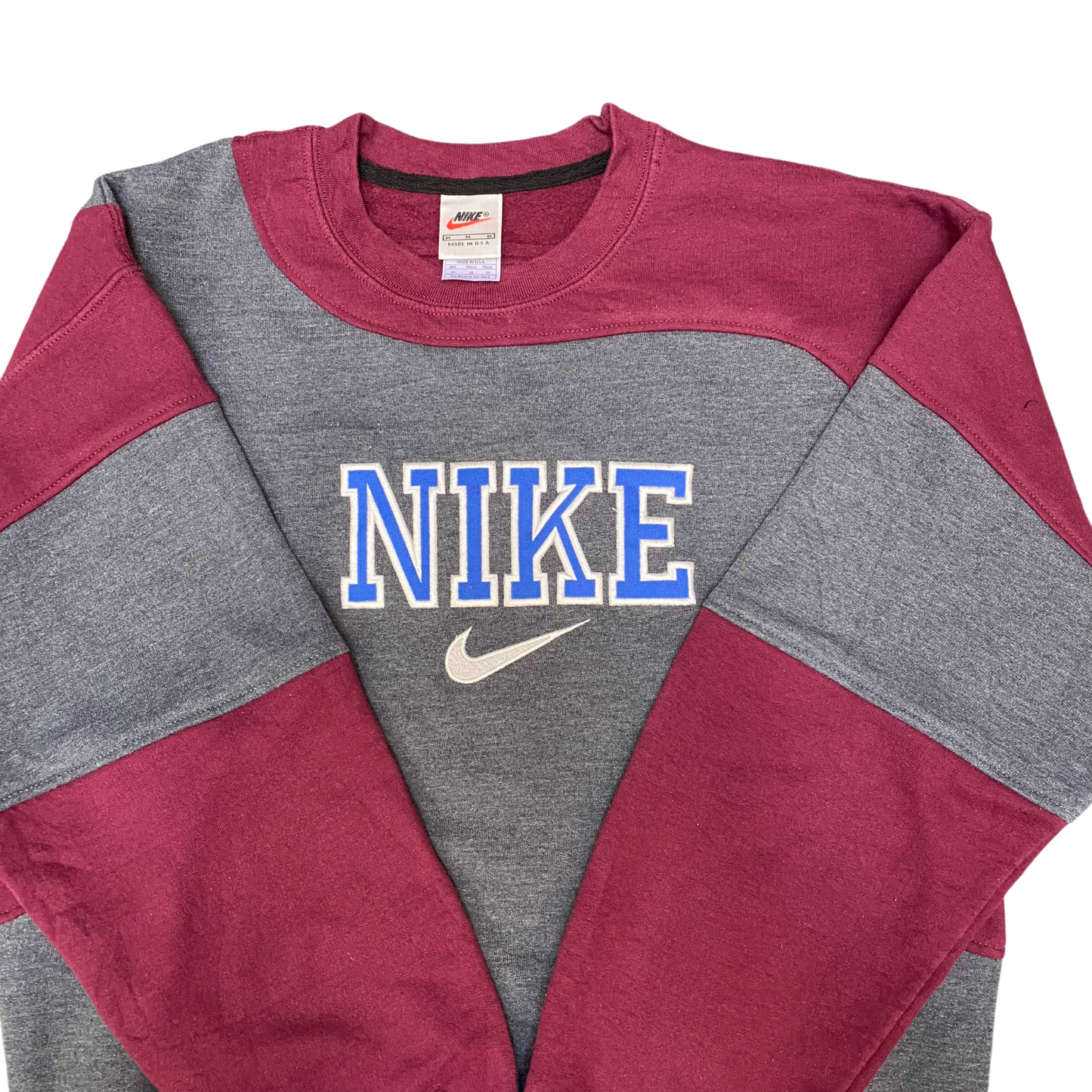 Nike Reworked Sweatshirt Mens Medium Grey Red Embroidered Spell Out Logo