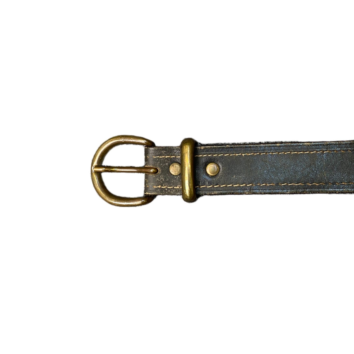Vintage Waist Belt Mens Black Leather Adjustable Brass D-Shape Buckle 45 Inches
