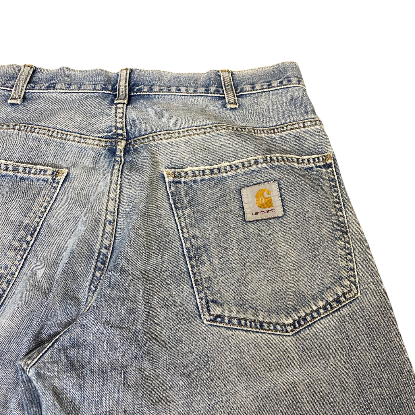 Carhartt Staff Pant Jeans Mens L Blue Denim Faded Streetwear Flat Front Raw Hem