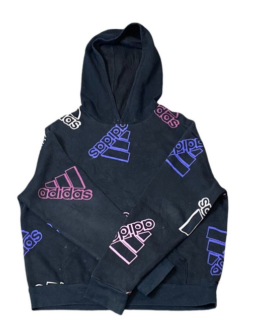 Adidas Hoodie Men's M Black Long Sleeve All Over Print Kangaroo Pocket Pullover