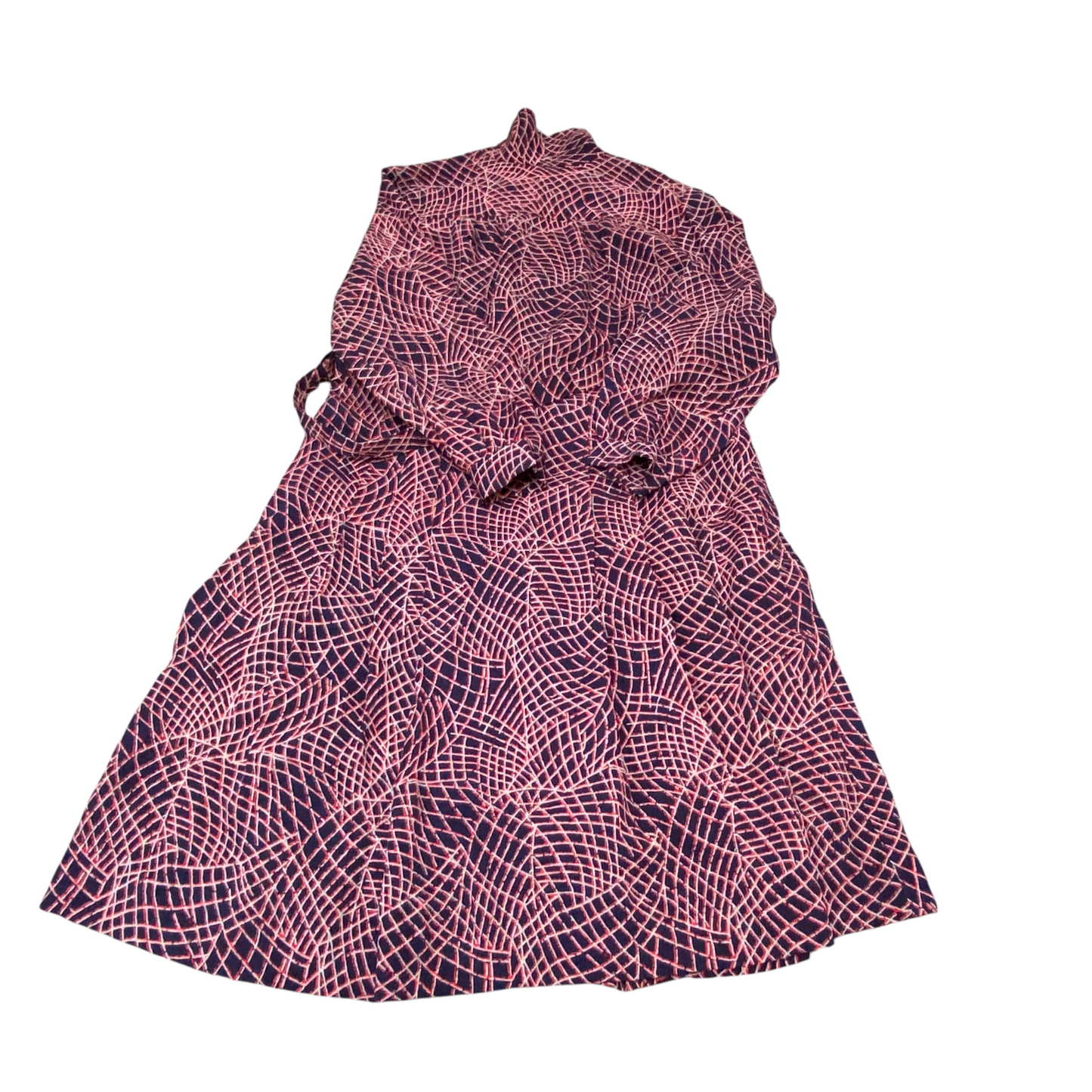 A Line Dress Womens M Blue Red Geometric Belted Casual Long Sleeve Button Front