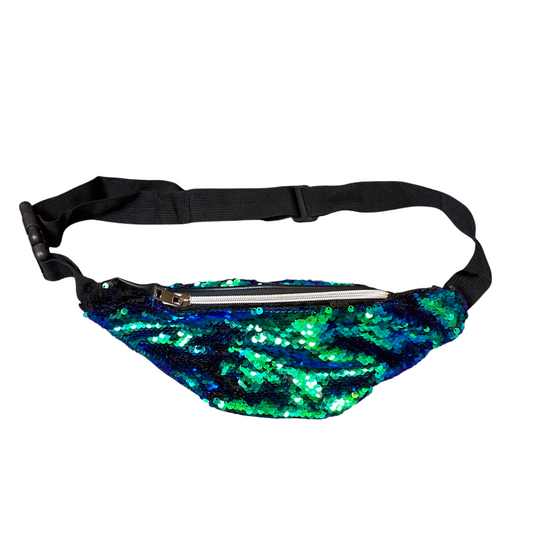 Women Fanny Pack Bum Bag Black Green Sequins Bling Zipper Adjustable Nylon Strap