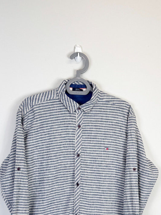 Tommy Hilfiger Shirt Men XL Blue Striped Logo Tag Long Sleeve Casual Button Down