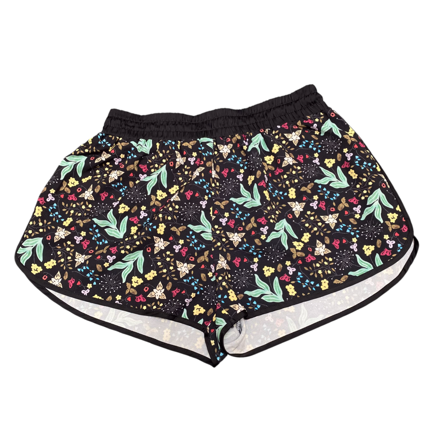 BKUL Running Sprinter Shorts Womens 28W Black Floral Elastic Waist Dolphin Hem