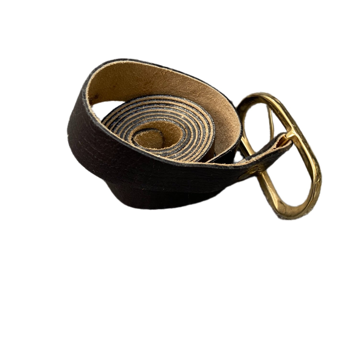Waist Belt Mens Black Leather Adjustable Gold Tone Pin Oval Buckle 45 Inches