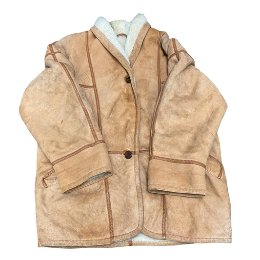 Womens Suede Leather Jacket 2XL Brown Sherpa Lined Shawl Collar Single Breasted