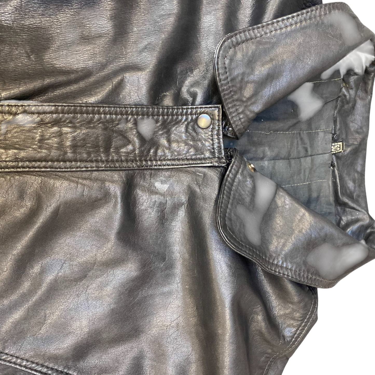 Mens Leather Jacket Large Black Lined Collared Snap Button Elasticated Hem
