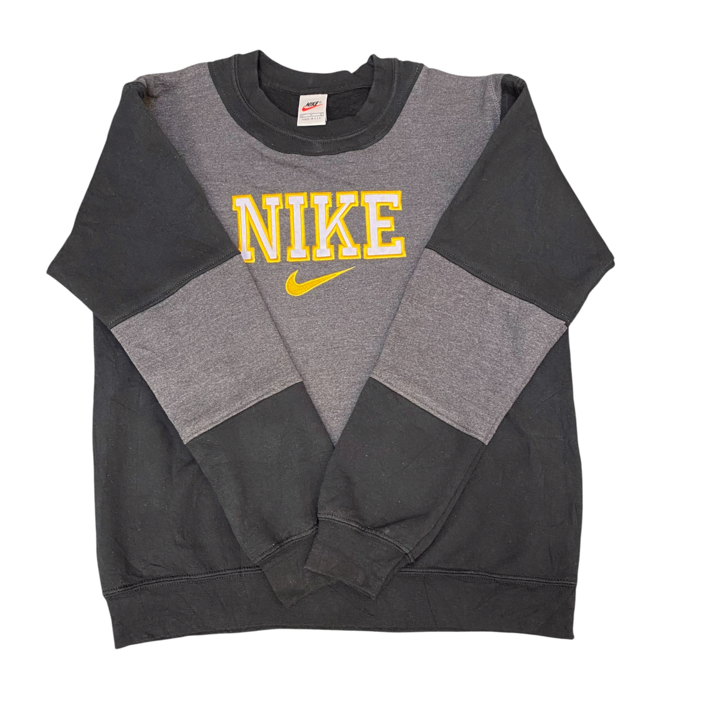 Nike Reworked Sweatshirt Mens M Black Grey Embroidered Spell Out Logo Crew Neck