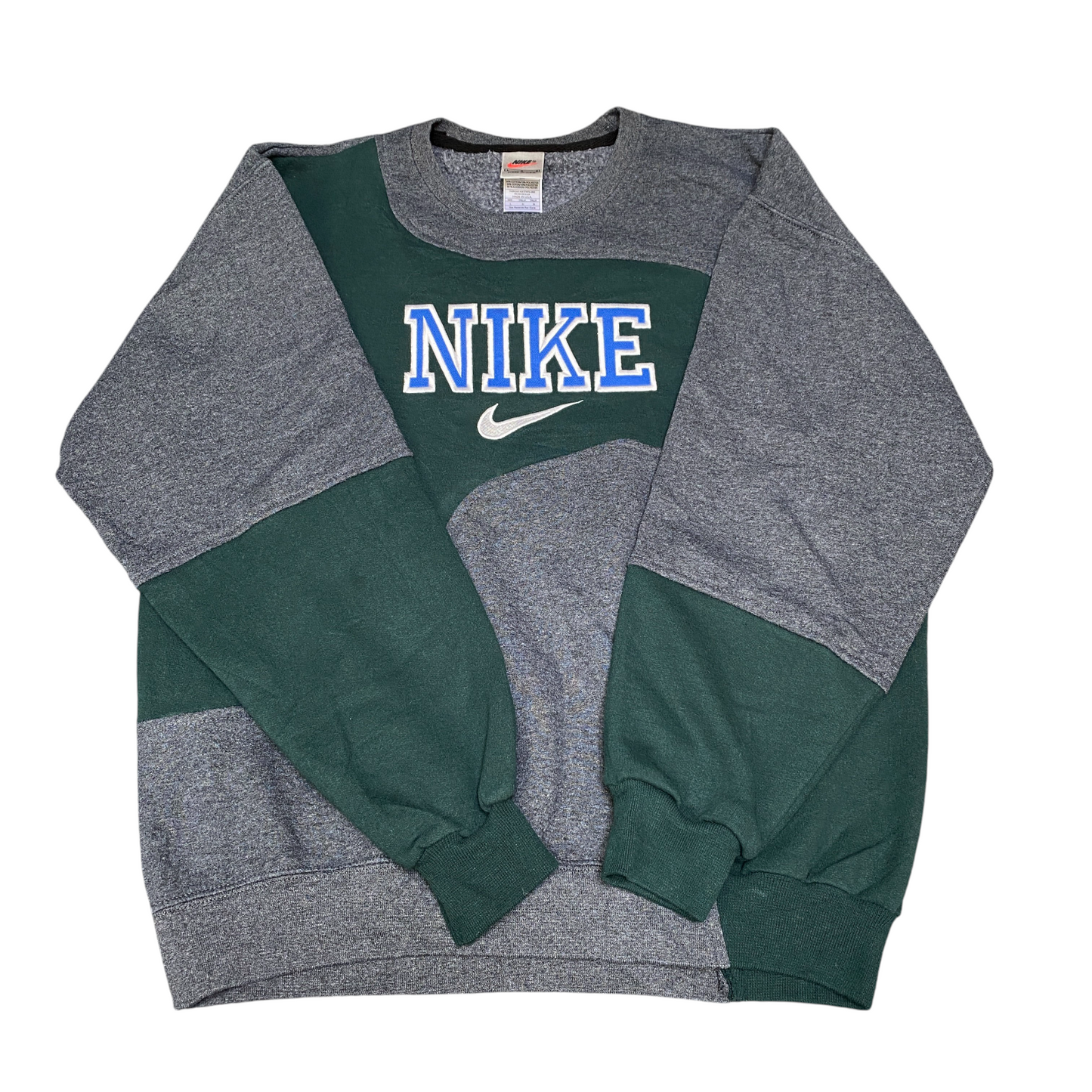 Nike Reworked Sweatshirt Mens L Grey Green Embroidered Spellout Logo Vintage Y2K