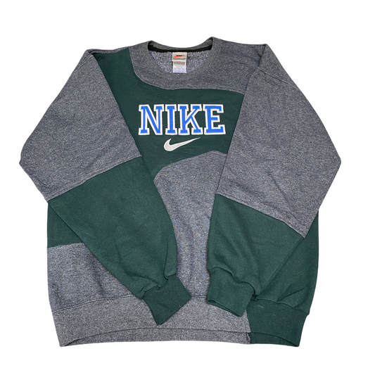 Nike Reworked Sweatshirt Mens L Grey Green Embroidered Spellout Logo Vintage Y2K