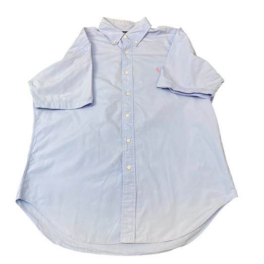 Ralph Lauren Shirt Mens L Blue Classic Fit Short Sleeve Brown Pony Button Down