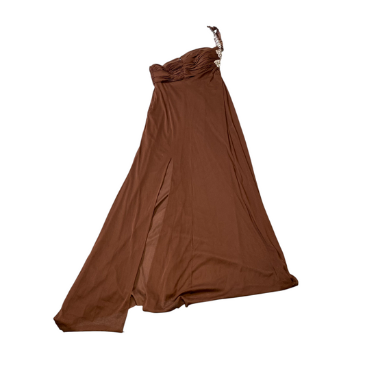 Le Gala Maxi Dress Womens 10 Brown Mesh Sleeveless Side Slit Ruched One Shoulder