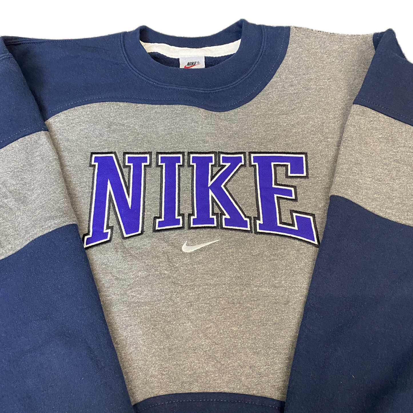Nike Reworked Sweatshirt Mens M Grey Navy Embroidered Spellout Logo Vintage Y2K
